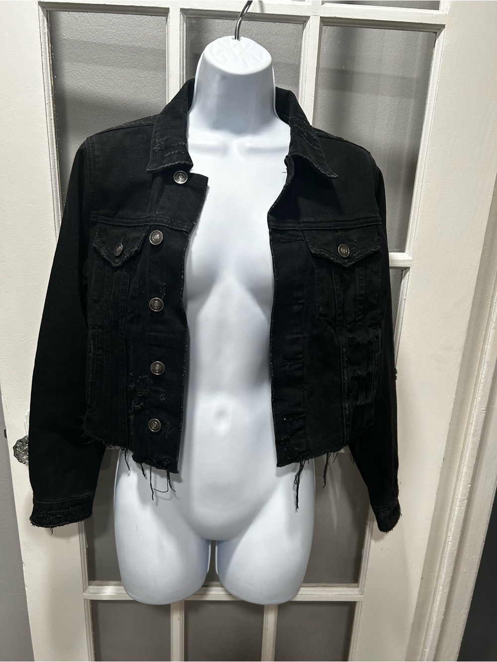 Fashion Nova Black Distressed Cropped Denim Jacket
